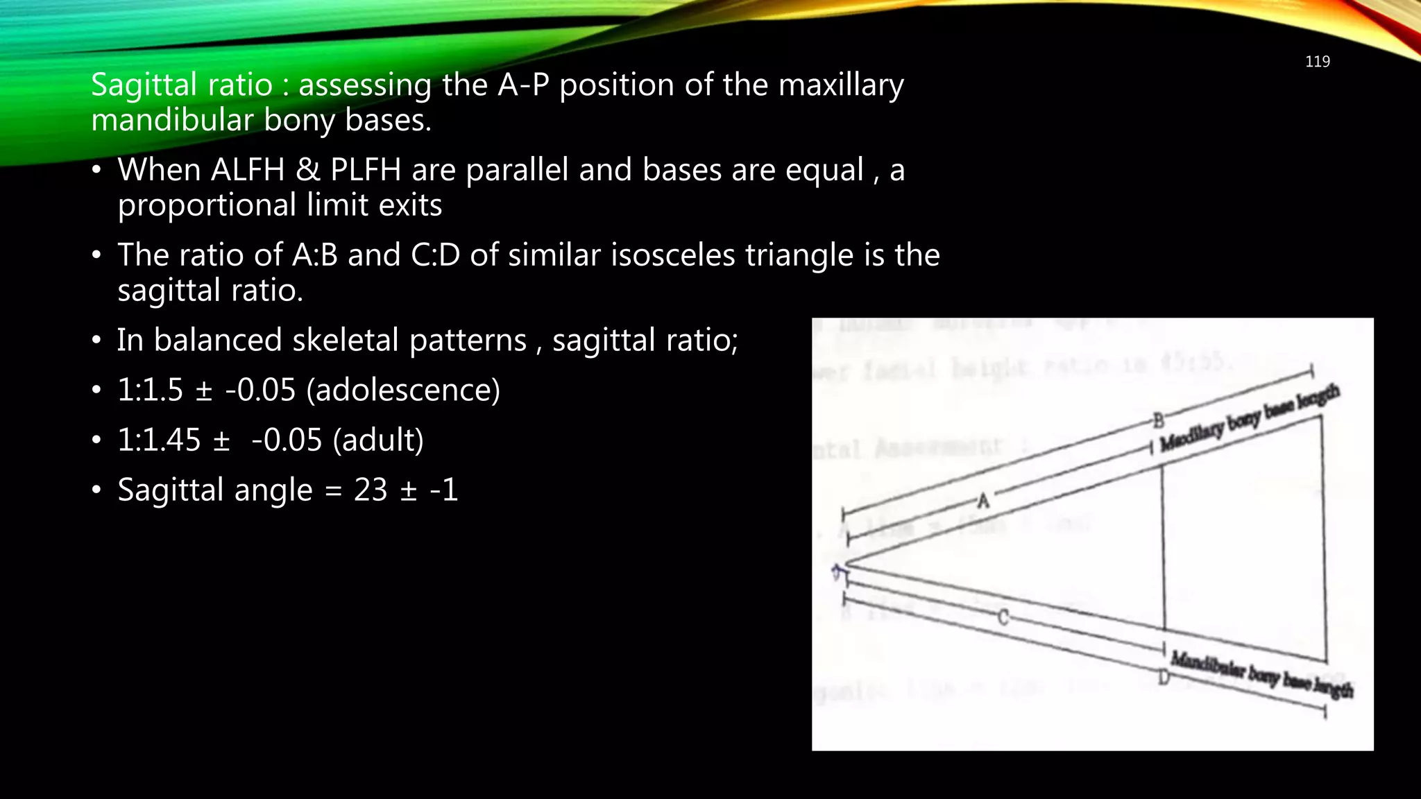 Sagittal ratio : assessing the A-P position of the maxillary
mandibular bony bases.
• When ALFH & PLFH are parallel and bases are equal , a
proportional limit exits
• The ratio of A:B and C:D of similar isosceles triangle is the
sagittal ratio.
• In balanced skeletal patterns , sagittal ratio;
• 1:1.5 ± -0.05 (adolescence)
• 1:1.45 ± -0.05 (adult)
• Sagittal angle = 23 ± -1
119
 