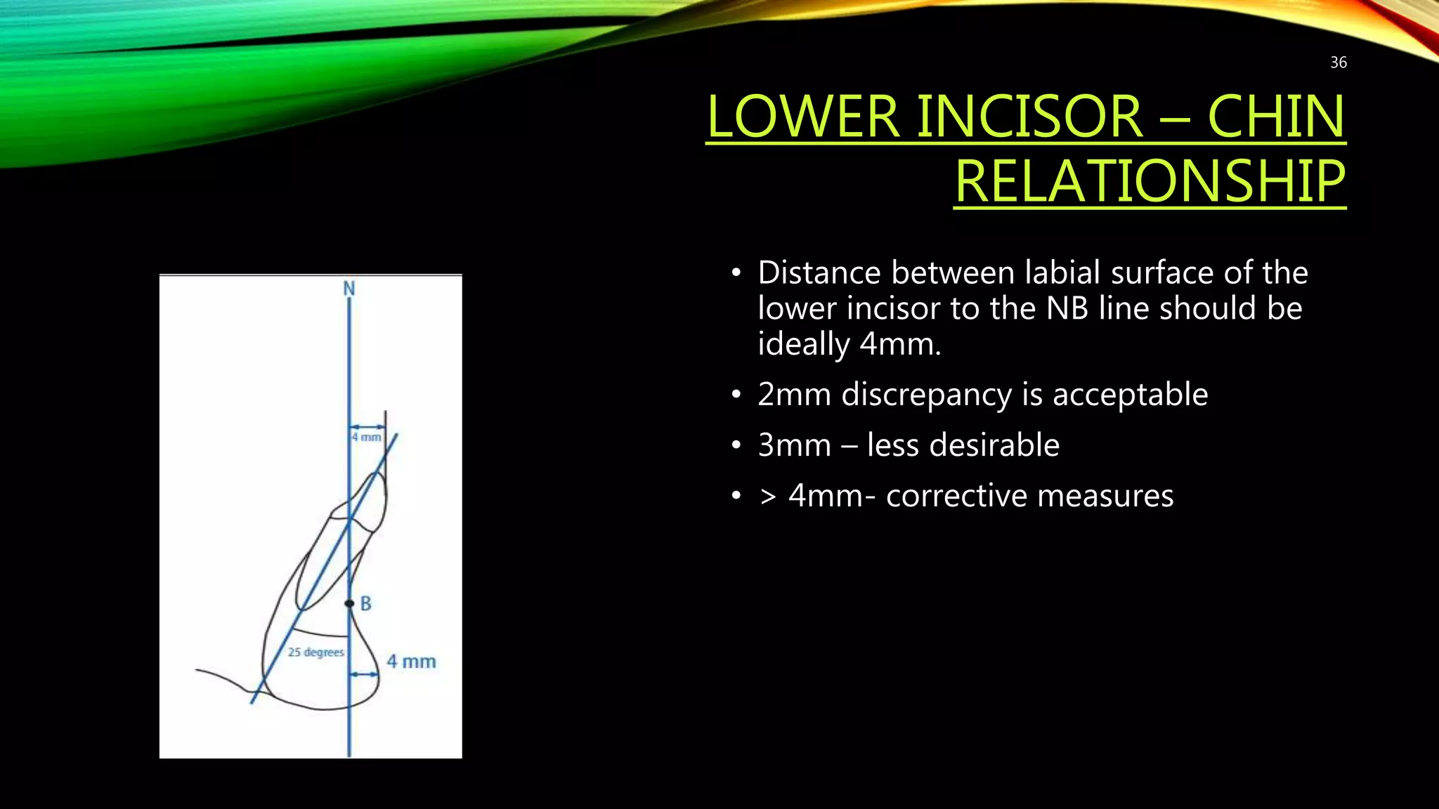 LOWER INCISOR – CHIN
RELATIONSHIP
• Distance between labial surface of the
lower incisor to the NB line should be
ideally 4mm.
• 2mm discrepancy is acceptable
• 3mm – less desirable
• > 4mm- corrective measures
36
 