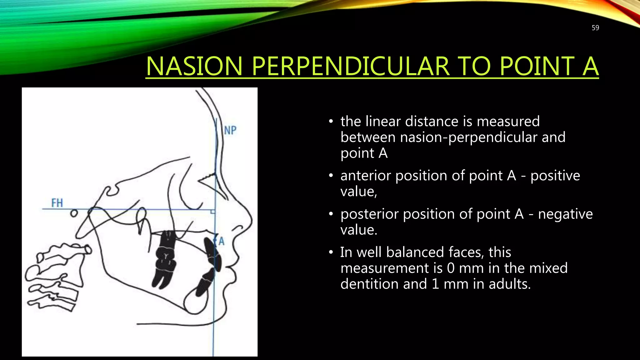 NASION PERPENDICULAR TO POINT A
• the linear distance is measured
between nasion-perpendicular and
point A
• anterior position of point A - positive
value,
• posterior position of point A - negative
value.
• In well balanced faces, this
measurement is 0 mm in the mixed
dentition and 1 mm in adults.
59
 