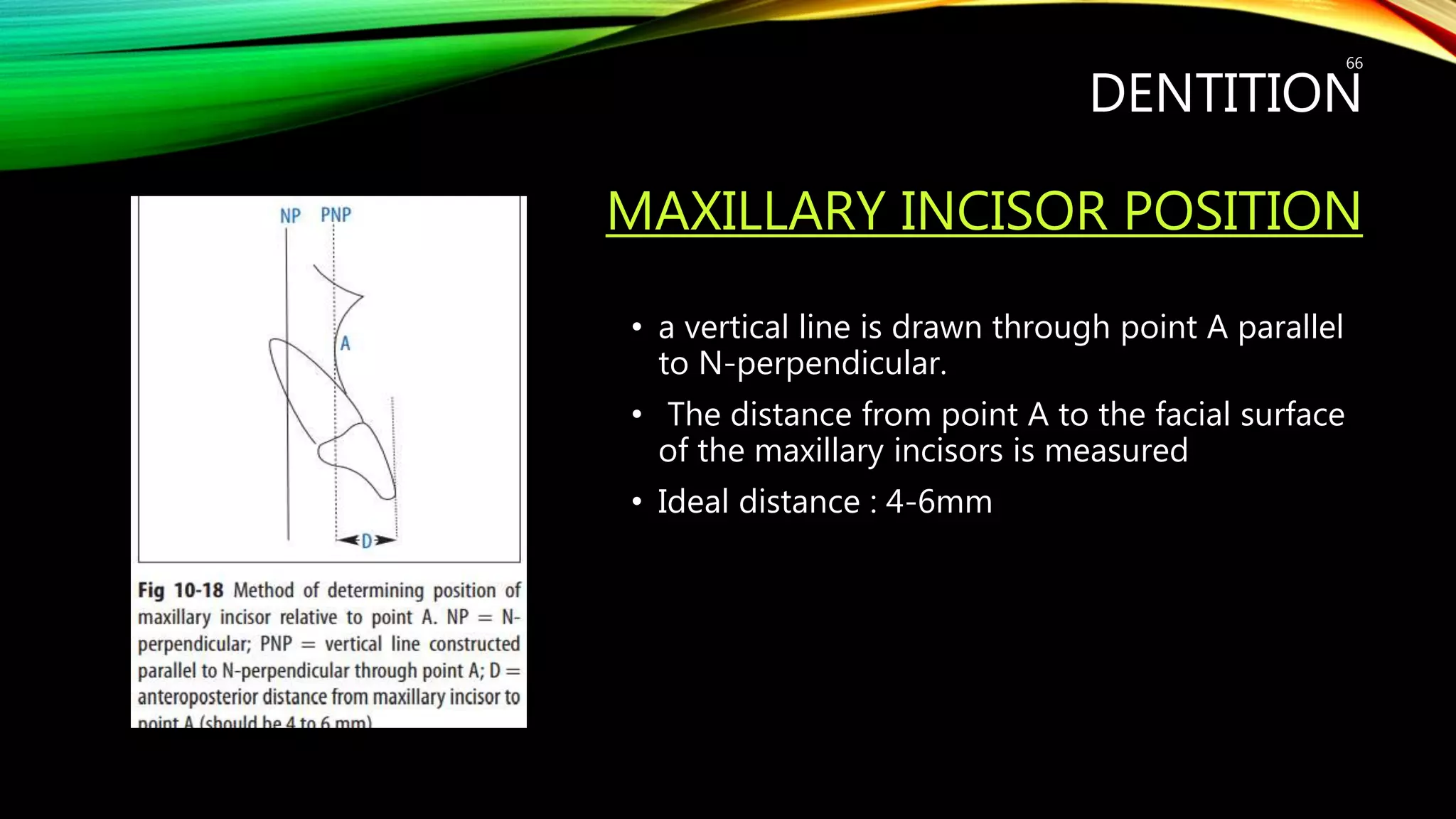 DENTITION
MAXILLARY INCISOR POSITION
• a vertical line is drawn through point A parallel
to N-perpendicular.
• The distance from point A to the facial surface
of the maxillary incisors is measured
• Ideal distance : 4-6mm
66
 