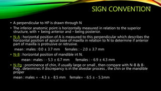 SIGN CONVENTION
• A perpendicular to HP is drawn through N
• The inferior anatomic point is horizontally measured in relation to the superior
structure, with + being anterior and – being posterior.
• N-A : horizontal position of A is measured to this perpendicular which describes the
horizontal position of apical base of maxilla in relation to N to determine if anterior
part of maxilla is protrusive or retrusive.
mean : males : 0.0 ± 3.7 mm females : - 2.0 ± 3.7 mm
• N-B : horizontal position of mandible irt N.
mean : males : - 5.3 ± 6.7 mm females : - 6.9 ± 4.3 mm
• N-Pg : prominence of chin, if usually large or small , then compare with N-B & B-
Pog , determines if discrepancy is in the alveolar process , the chin or the mandible
proper
mean : males = - 4.3 ± - 8.5 mm female= - 6.5 ± - 5.1mm
102
 