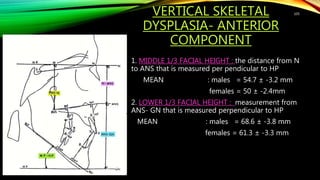 VERTICAL SKELETAL
DYSPLASIA- ANTERIOR
COMPONENT
1. MIDDLE 1/3 FACIAL HEIGHT : the distance from N
to ANS that is measured per pendicular to HP
MEAN : males = 54.7 ± -3.2 mm
females = 50 ± -2.4mm
2. LOWER 1/3 FACIAL HEIGHT : measurement from
ANS- GN that is measured perpendicular to HP
MEAN : males = 68.6 ± -3.8 mm
females = 61.3 ± -3.3 mm
105
 