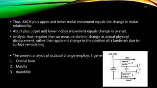 • Thus, ABCH plus upper and lower molar movement equals the change in molar
relationship
• ABCH plus upper and lower incisor movement equals change in overjet.
• Analysis thus requires that we measure skeletal change as actual physical
displacement, rather than apparent change in the position of a landmark due to
surface remodelling.
• The present analysis of occlusal change employs 3 general superimpositions :
1. Cranial base
2. Maxilla
3. mandible
128
 