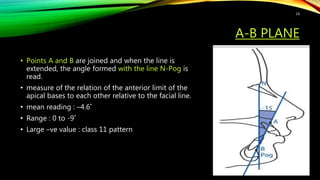 A-B PLANE
• Points A and B are joined and when the line is
extended, the angle formed with the line N-Pog is
read.
• measure of the relation of the anterior limit of the
apical bases to each other relative to the facial line.
• mean reading : –4.6˚
• Range : 0 to -9˚
• Large –ve value : class 11 pattern
18
 