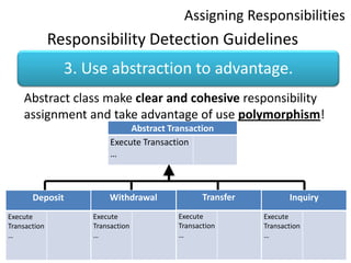 Assigning ResponsibilitiesResponsibility Detection GuidelinesAbstract class make clear and cohesive responsibility assignment and take advantage ofuse polymorphism!