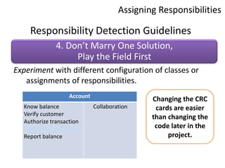 Assigning ResponsibilitiesResponsibility Detection GuidelinesExperiment with different configuration of classes or assignments of responsibilities.Changing the CRC cards are easier than changing the code later in the project.