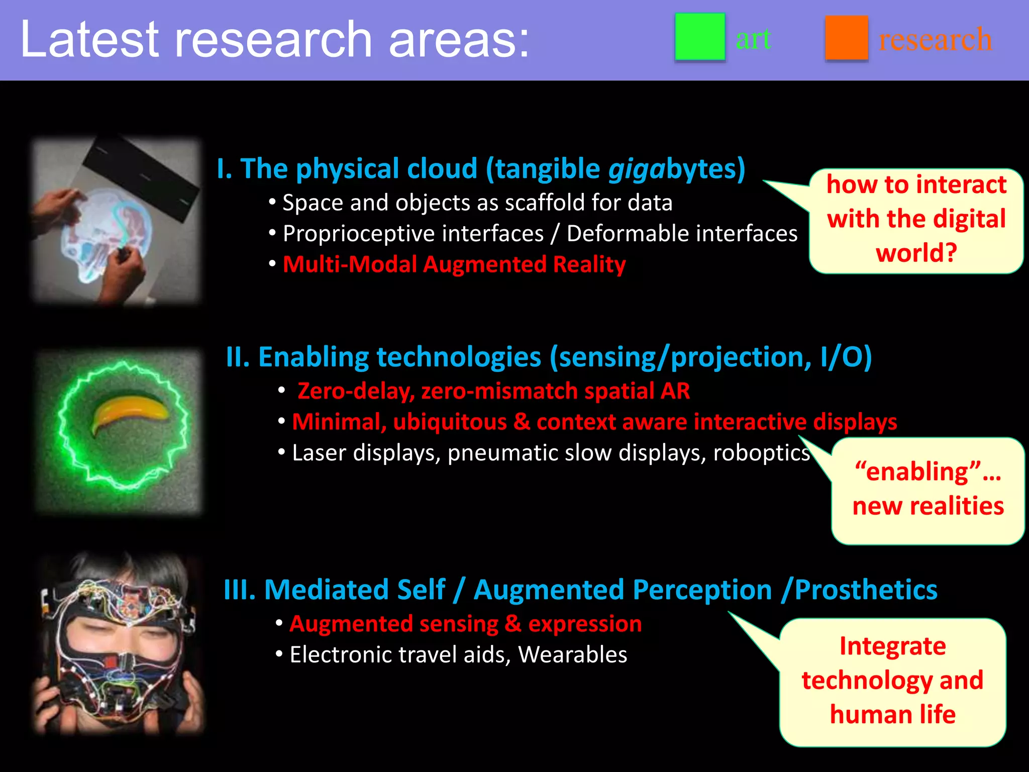 I. The physical cloud (tangible gigabytes)
• Space and objects as scaffold for data
• Proprioceptive interfaces / Deformable interfaces
• Multi-Modal Augmented Reality
Latest research areas:
II. Enabling technologies (sensing/projection, I/O)
• Zero-delay, zero-mismatch spatial AR
• Minimal, ubiquitous & context aware interactive displays
• Laser displays, pneumatic slow displays, roboptics
III. Mediated Self / Augmented Perception /Prosthetics
• Augmented sensing & expression
• Electronic travel aids, Wearables
how to interact
with the digital
world?
“enabling”…
new realities
Integrate
technology and
human life
art research
 