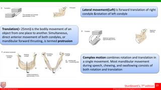 © Ramaiah University of Applied Sciences
19
Faculty of Dental Sciences
Lateral movement(Left) is forward translation of right
condyle &rotation of left condyle
Translation(> 25mm) is the bodily movement of an
object from one place to another. Simultaneous,
direct anterior movement of both condyles, or
mandibular forward thrusting, is termed protrusion
Complex motion combines rotation and translation in
a single movement. Most mandibular movement
during speech, chewing, and swallowing consists of
both rotation and translation
Sturdevant’s, 7th edition
 