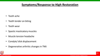 © Ramaiah University of Applied Sciences
24
Faculty of Dental Sciences
Symptoms/Response to High Restoration
• Tooth ache
• Tooth tender on biting
• Tooth wear
• Spastic masticatory muscles
• Muscle tension headache
• Condyle/ disk displacement
• Degenerative arthritic changes in TMJ
 
