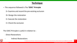 © Ramaiah University of Applied Sciences
43
Faculty of Dental Sciences
Technique
– The sequence followed is The ‘EDEC’ Principle
E= Examine and record the pre-existing occlusion
D= Design the restoration
E= Execute the restoration
C= Check the occlusion
The EDEC Principle is useful in relation to :
- Direct Restorations
- Indirect Restorations
S J Davies et al, Occlusion: Good occlusal practice in simple restorative dentistry. British Dental Journal (2001) 191, 365-381
 
