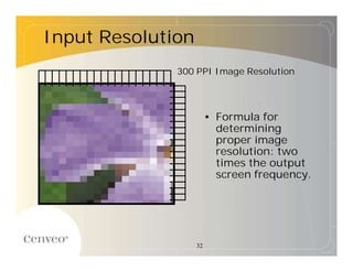 Input Resolution
              300 PPI Image Resolution




                        • Formula for
                          determining
                          proper image
                          resolution: two
                          times the output
                          screen frequency.




                   32
 