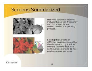 Screens Summarized
             Halftone screen attributes
             include the screen frequency
             and dot shape for each
             screen used in the printing
             process.




             Setting the screens at
             different angles ensures that
             the dots placed by the four
             screens blend to look like
             continuous color and do not
             produce moiré patterns.




                41
 