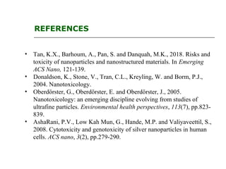 REFERENCES
• Tan, K.X., Barhoum, A., Pan, S. and Danquah, M.K., 2018. Risks and
toxicity of nanoparticles and nanostructured materials. In Emerging
ACS Nano, 121-139.
• Donaldson, K., Stone, V., Tran, C.L., Kreyling, W. and Borm, P.J.,
2004. Nanotoxicology.
• Oberdörster, G., Oberdörster, E. and Oberdörster, J., 2005.
Nanotoxicology: an emerging discipline evolving from studies of
ultrafine particles. Environmental health perspectives, 113(7), pp.823-
839.
• AshaRani, P.V., Low Kah Mun, G., Hande, M.P. and Valiyaveettil, S.,
2008. Cytotoxicity and genotoxicity of silver nanoparticles in human
cells. ACS nano, 3(2), pp.279-290.
 