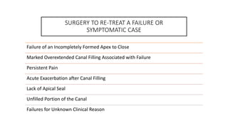 SURGERY TO RE-TREAT A FAILURE OR
SYMPTOMATIC CASE
Failure of an Incompletely Formed Apex to Close
Marked Overextended Canal Filling Associated with Failure
Persistent Pain
Acute Exacerbation after Canal Filling
Lack of Apical Seal
Unfilled Portion of the Canal
Failures for Unknown Clinical Reason
 