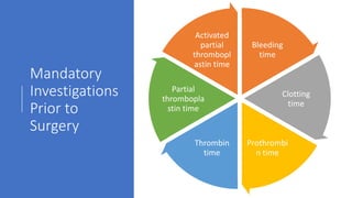 Mandatory
Investigations
Prior to
Surgery
Bleeding
time
Clotting
time
Prothrombi
n time
Thrombin
time
Partial
thrombopla
stin time
Activated
partial
thrombopl
astin time
 
