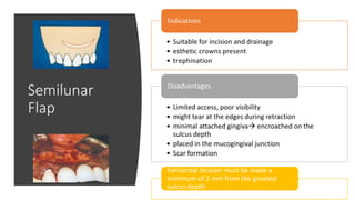 Semilunar
Flap
• Suitable for incision and drainage
• esthetic crowns present
• trephination
Indications
• Limited access, poor visibility
• might tear at the edges during retraction
• minimal attached gingiva encroached on the
sulcus depth
• placed in the mucogingival junction
• Scar formation
Disadvantages
horizontal incision must be made a
minimum of 2 mm from the greatest
sulcus depth
 