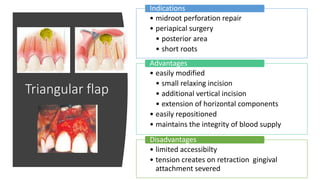 Triangular flap
• midroot perforation repair
• periapical surgery
• posterior area
• short roots
Indications
• easily modified
• small relaxing incision
• additional vertical incision
• extension of horizontal components
• easily repositioned
• maintains the integrity of blood supply
Advantages
• limited accessibilty
• tension creates on retraction gingival
attachment severed
Disadvantages
 