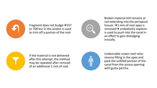 Fragment does not budge557
or 700 bur in the airotor is used
to trim off a portion of the root
Broken material still remains or
not extending into the periapical
tissues 1 mm of root apex is
removed endodontic explorer
is used to push into the canal in
an effort to gain dislodging
incisally.
If the material is not delivered
after this attempt, the method
may be repeated after removal
of an additional 1 mm of root
Undesirable crown-root ratio:
reverse filling in the apex and
pack the unfilled portion of the
canal from the access opening
with gutta-percha.
 