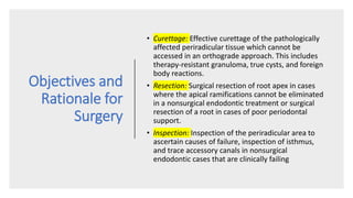 Objectives and
Rationale for
Surgery
• Curettage: Effective curettage of the pathologically
affected periradicular tissue which cannot be
accessed in an orthograde approach. This includes
therapy-resistant granuloma, true cysts, and foreign
body reactions.
• Resection: Surgical resection of root apex in cases
where the apical ramifications cannot be eliminated
in a nonsurgical endodontic treatment or surgical
resection of a root in cases of poor periodontal
support.
• Inspection: Inspection of the periradicular area to
ascertain causes of failure, inspection of isthmus,
and trace accessory canals in nonsurgical
endodontic cases that are clinically failing
 