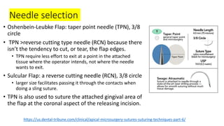 Needle selection
• Oshenbein-Leubke Flap: taper point needle (TPN), 3/8
circle
• TPN >reverse cutting type needle (RCN) because there
isn’t the tendency to cut, or tear, the flap edges.
• TPN require less effort to exit at a point in the attached
tissue where the operator intends, not where the needle
wants to exit.
• Sulcular Flap: a reverse cutting needle (RCN), 3/8 circle
• larger size facilitates passing it through the contacts when
doing a sling suture.
• TPN is also used to suture the attached gingival area of
the flap at the coronal aspect of the releasing incision.
https://us.dental-tribune.com/clinical/apical-microsurgery-sutures-suturing-techniques-part-6/
 