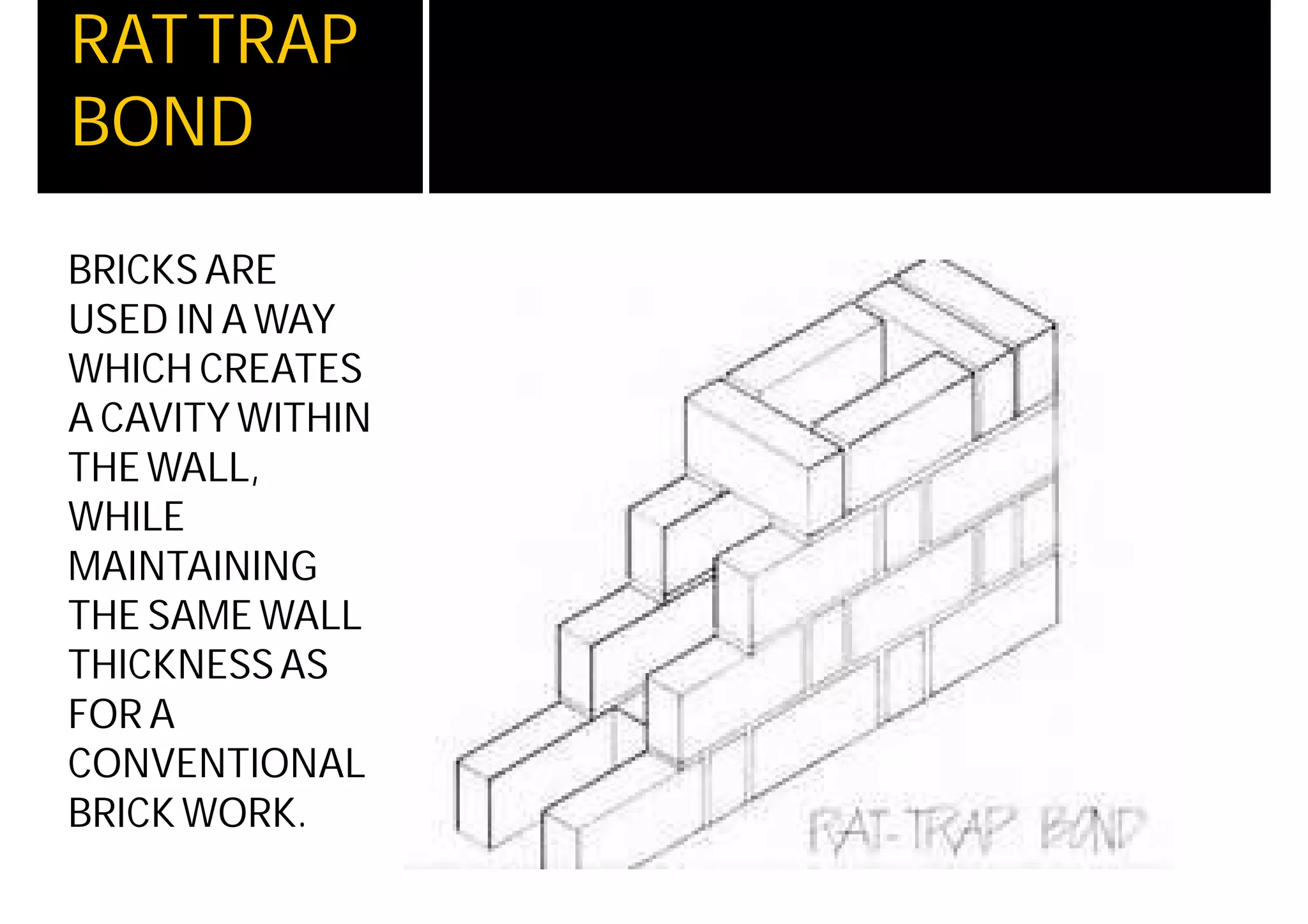 RATTRAP
BOND
BRICKS ARE
USED IN AWAY
WHICH CREATES
A CAVITY WITHIN
THEWALL,
WHILE
MAINTAINING
THE SAME WALL
THICKNESSAS
FOR A
CONVENTIONAL
BRICKWORK.
 