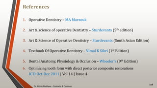 Dr. Nithin Mathew – Contacts & Contours
References
116
1. Operative Dentistry – MA Marzouk
2. Art & science of operative Dentistry – Sturdevants (5th edition)
3. Art & Science of Operative Dentistry – Sturdevants (South Asian Edition)
4. Textbook Of Operative Dentistry – Vimal K Sikri (1st Edition)
5. Dental Anatomy, Physiology & Occlusion – Wheeler’s (9th Edition)
6. Optimizing tooth form with direct posterior composite restorations
JCD Oct-Dec 2011 | Vol 14 | Issue 4
 