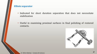 Dr. Nithin Mathew – Contacts & Contours
36
Elliots separator
• Indicated for short duration separation that does not necessitate
stabilization
• Useful in examining proximal surfaces in final polishing of restored
contacts.
 