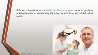 Dr. Nithin Mathew – Contacts & Contours
7
• Role of a dentist is to establish the ideal extension so as to perform
optimal functions, maintaining the integrity and longevity of individual
tooth.
 