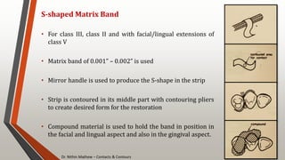 Dr. Nithin Mathew – Contacts & Contours
86
S-shaped Matrix Band
• For class III, class II and with facial/lingual extensions of
class V
• Matrix band of 0.001” – 0.002” is used
• Mirror handle is used to produce the S-shape in the strip
• Strip is contoured in its middle part with contouring pliers
to create desired form for the restoration
• Compound material is used to hold the band in position in
the facial and lingual aspect and also in the gingival aspect.
 