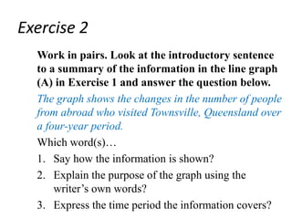 Exercise 2
Work in pairs. Look at the introductory sentence
to a summary of the information in the line graph
(A) in Exercise 1 and answer the question below.
The graph shows the changes in the number of people
from abroad who visited Townsville, Queensland over
a four-year period.
Which word(s)…
1. Say how the information is shown?
2. Explain the purpose of the graph using the
writer’s own words?
3. Express the time period the information covers?
 