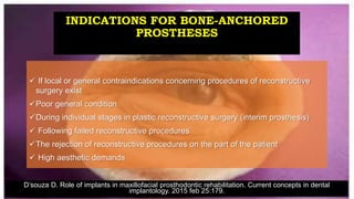 INDICATIONS FOR BONE-ANCHORED
PROSTHESES
 If local or general contraindications concerning procedures of reconstructive
surgery exist
Poor general condition
During individual stages in plastic reconstructive surgery (interim prosthesis)
 Following failed reconstructive procedures
The rejection of reconstructive procedures on the part of the patient
 High aesthetic demands
D’souza D. Role of implants in maxillofacial prosthodontic rehabilitation. Current concepts in dental
implantology. 2015 feb 25:179.
 
