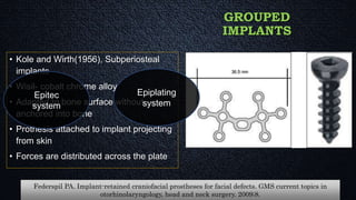GROUPED
IMPLANTS
• Kole and Wirth(1956), Subperiosteal
implants
• Wisil- cobalt chrome alloy
• Adapted to bone surface without
anchored into bone
• Prothesis attached to implant projecting
from skin
• Forces are distributed across the plate
Epitec
system
Epiplating
system
Federspil PA. Implant-retained craniofacial prostheses for facial defects. GMS current topics in
otorhinolaryngology, head and neck surgery. 2009;8.
 