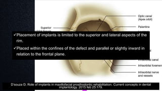Placement of implants is limited to the superior and lateral aspects of the
rim.
Placed within the confines of the defect and parallel or slightly inward in
relation to the frontal plane.
D’souza D. Role of implants in maxillofacial prosthodontic rehabilitation. Current concepts in dental
implantology. 2015 feb 25:179.
 