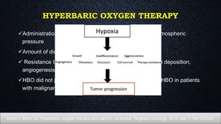 HYPERBARIC OXYGEN THERAPY
Administration of 100 % oxygen at higher than normal atmospheric
pressure
Amount of dissolved oxygen in the plasma increases.
 Resistance to infection, activation of fibroblasts, collagen deposition,
angiogenesis, and epithelization
HBO did not promote cancer growth, and that the use of HBO in patients
with malignancies was considered safe.
Moen I, Stuhr LE. Hyperbaric oxygen therapy and cancer—a review. Targeted oncology. 2012 Dec 1;7(4):233-42.
 
