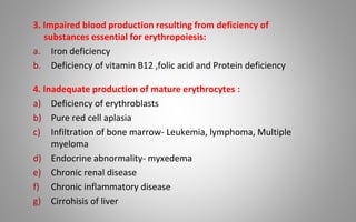 3. Impaired blood production resulting from deficiency of
substances essential for erythropoiesis:
a. Iron deficiency
b. Deficiency of vitamin B12 ,folic acid and Protein deficiency
4. Inadequate production of mature erythrocytes :
a) Deficiency of erythroblasts
b) Pure red cell aplasia
c) Infiltration of bone marrow- Leukemia, lymphoma, Multiple
myeloma
d) Endocrine abnormality- myxedema
e) Chronic renal disease
f) Chronic inflammatory disease
g) Cirrohisis of liver
 