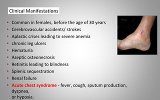 • Common in females, before the age of 30 years
• Cerebrovascular accidents/ strokes
• Aplastic crises leading to severe anemia
• chronic leg ulcers
• Hematuria
• Aseptic osteonecrosis
• Retinitis leading to blindness
• Splenic sequestration
• Renal failure
• Acute chest syndrome - fever, cough, sputum production,
dyspnea,
or hypoxia.
Clinical Manifestations
 