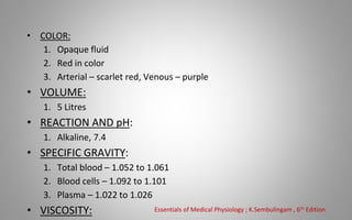 • COLOR:
1. Opaque fluid
2. Red in color
3. Arterial – scarlet red, Venous – purple
• VOLUME:
1. 5 Litres
• REACTION AND pH:
1. Alkaline, 7.4
• SPECIFIC GRAVITY:
1. Total blood – 1.052 to 1.061
2. Blood cells – 1.092 to 1.101
3. Plasma – 1.022 to 1.026
• VISCOSITY: Essentials of Medical Physiology ; K.Sembulingam , 6th Edition
 