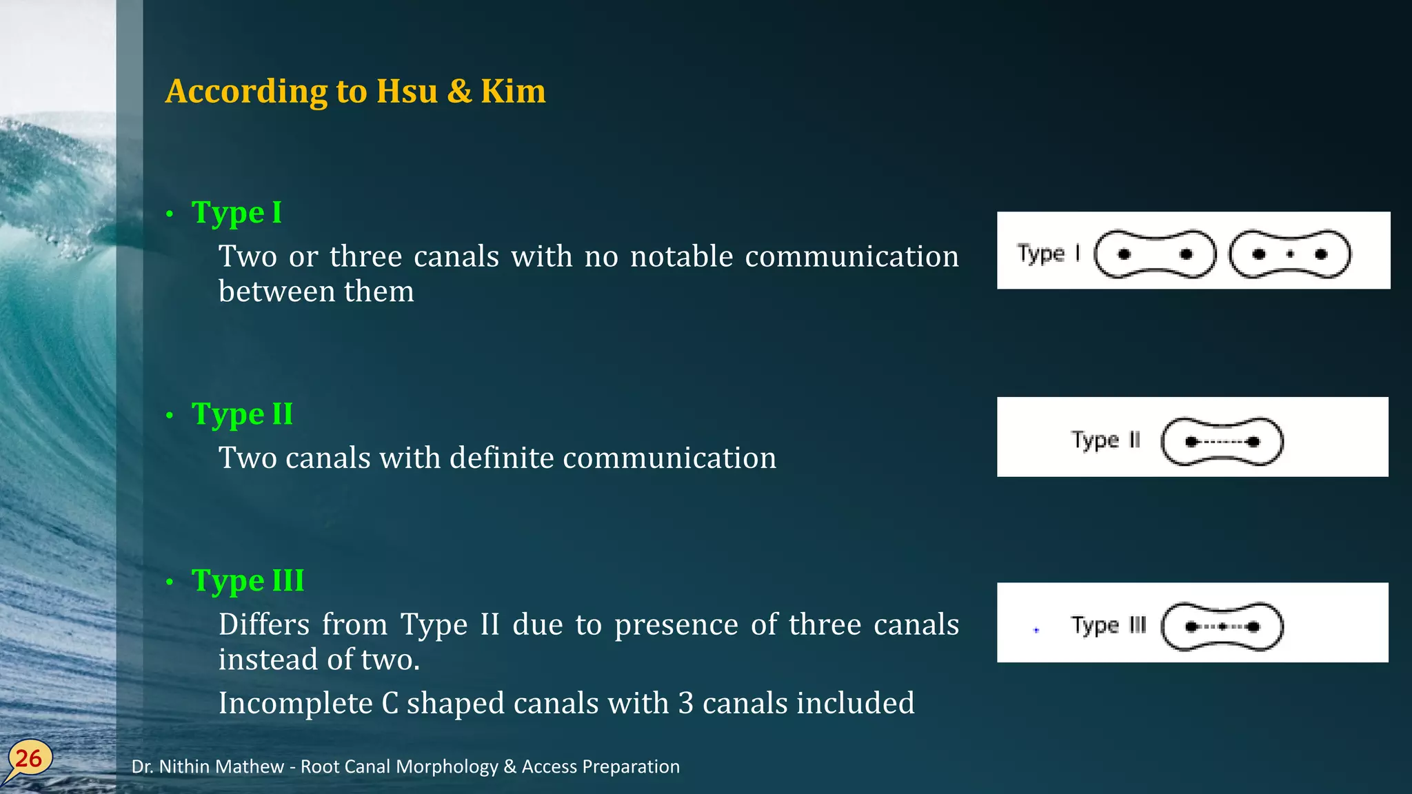 According to Hsu & Kim
• Type I
Two or three canals with no notable communication
between them
• Type II
Two canals with definite communication
• Type III
Differs from Type II due to presence of three canals
instead of two.
Incomplete C shaped canals with 3 canals included
26 Dr. Nithin Mathew - Root Canal Morphology & Access Preparation
 