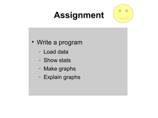Assignment

Write a program
− Load data
− Show stats
− Make graphs
− Explain graphs
 