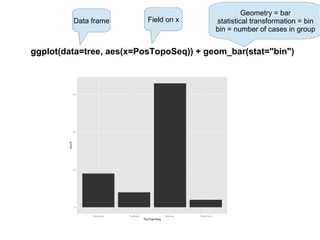 ggplot(data=tree, aes(x=PosTopoSeq)) + geom_bar(stat="bin")
? ? ?
Geometry = bar
statistical transformation = bin
bin = number of cases in group
Data frame Field on x
 