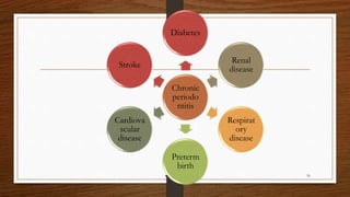 56
Chronic
periodo
ntitis
Diabetes
Renal
disease
Respirat
ory
disease
Preterm
birth
Cardiova
scular
disease
Stroke
 