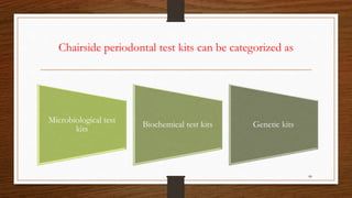 Chairside periodontal test kits can be categorized as
88
Microbiological test
kits
Biochemical test kits Genetic kits
 