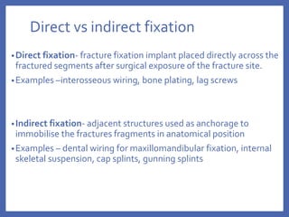 Direct vs indirect fixation
•Direct fixation- fracture fixation implant placed directly across the
fractured segments after surgical exposure of the fracture site.
•Examples –interosseous wiring, bone plating, lag screws
•Indirect fixation- adjacent structures used as anchorage to
immobilise the fractures fragments in anatomical position
•Examples – dental wiring for maxillomandibular fixation, internal
skeletal suspension, cap splints, gunning splints
 