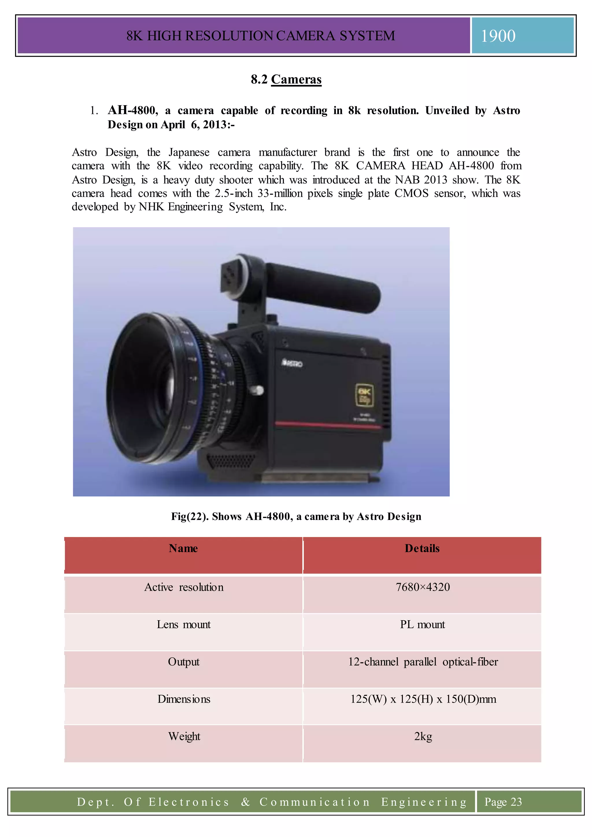 8K HIGH RESOLUTION CAMERA SYSTEM 1900
D e p t . O f E l e c t r o n i c s & C o m m u n i c a t i o n E n g i n e e r i n g Page 23
8.2 Cameras
1. AH-4800, a camera capable of recording in 8k resolution. Unveiled by Astro
Design on April 6, 2013:-
Astro Design, the Japanese camera manufacturer brand is the first one to announce the
camera with the 8K video recording capability. The 8K CAMERA HEAD AH-4800 from
Astro Design, is a heavy duty shooter which was introduced at the NAB 2013 show. The 8K
camera head comes with the 2.5-inch 33-million pixels single plate CMOS sensor, which was
developed by NHK Engineering System, Inc.
Fig(22). Shows AH-4800, a camera by Astro Design
Name Details
Active resolution 7680×4320
Lens mount PL mount
Output 12-channel parallel optical-fiber
Dimensions 125(W) x 125(H) x 150(D)mm
Weight 2kg
 