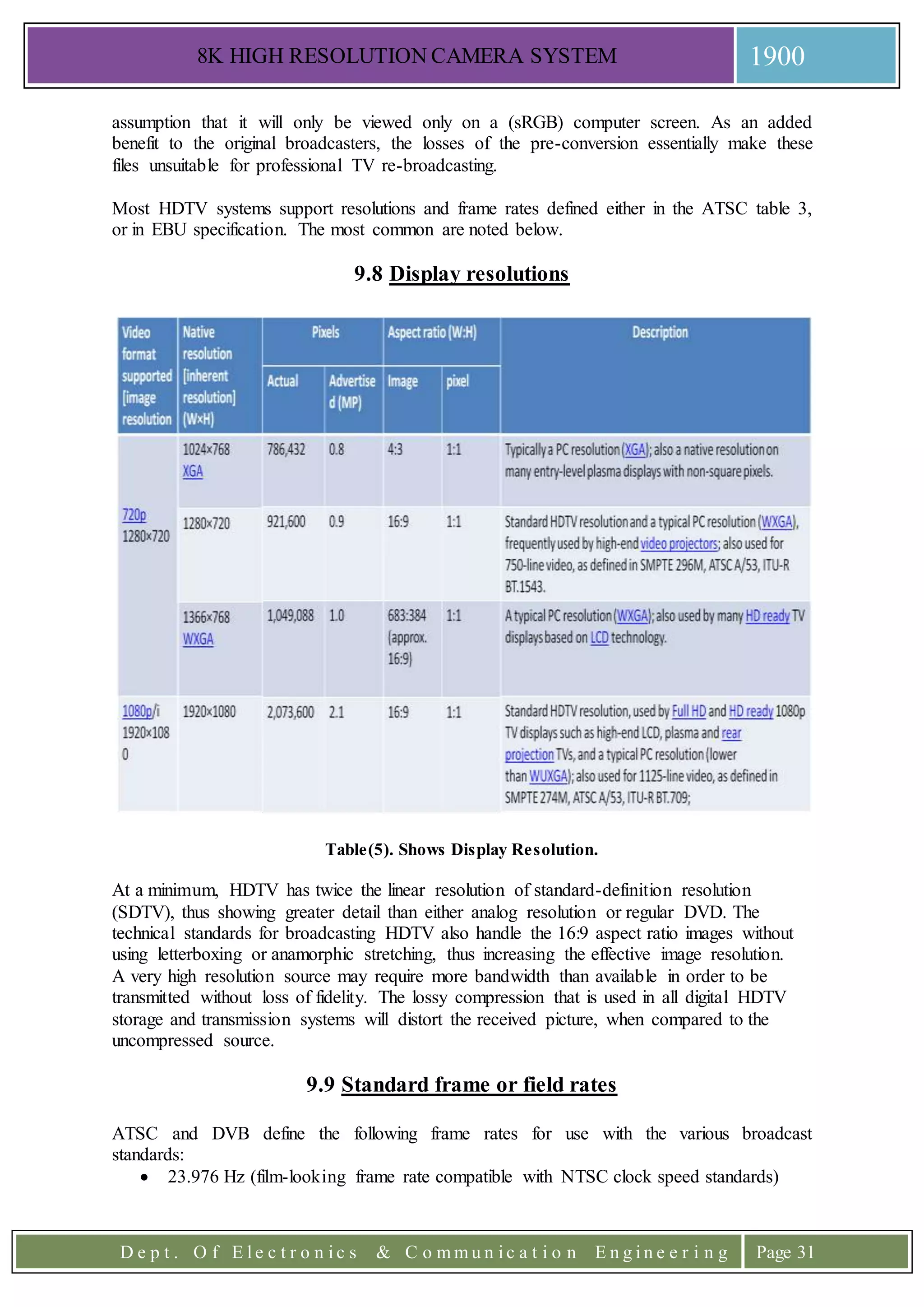 8K HIGH RESOLUTION CAMERA SYSTEM 1900
D e p t . O f E l e c t r o n i c s & C o m m u n i c a t i o n E n g i n e e r i n g Page 31
assumption that it will only be viewed only on a (sRGB) computer screen. As an added
benefit to the original broadcasters, the losses of the pre-conversion essentially make these
files unsuitable for professional TV re-broadcasting.
Most HDTV systems support resolutions and frame rates defined either in the ATSC table 3,
or in EBU specification. The most common are noted below.
9.8 Display resolutions
Table(5). Shows Display Resolution.
At a minimum, HDTV has twice the linear resolution of standard-definition resolution
(SDTV), thus showing greater detail than either analog resolution or regular DVD. The
technical standards for broadcasting HDTV also handle the 16:9 aspect ratio images without
using letterboxing or anamorphic stretching, thus increasing the effective image resolution.
A very high resolution source may require more bandwidth than available in order to be
transmitted without loss of fidelity. The lossy compression that is used in all digital HDTV
storage and transmission systems will distort the received picture, when compared to the
uncompressed source.
9.9 Standard frame or field rates
ATSC and DVB define the following frame rates for use with the various broadcast
standards:
 23.976 Hz (film-looking frame rate compatible with NTSC clock speed standards)
 