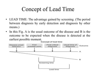 Concept of Lead Time
• LEAD TIME: The advantage gained by screening. (The period
between diagnosis by early detection and diagnosis by other
means.)
• In this Fig. A is the usual outcome of the disease and B is the
outcome to be expected when the disease is detected at the
earliest possible moment.
 