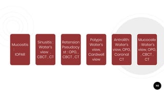 113
Mucositis
:
IOPAR
Sinusitis :
Water’s
view ,
CBCT , CT
Retension
Pseudocy
st : OPG, ,
CBCT , CT
Polyps:
Water’s
view,
Cardwell
view
Antrolith:
Water’s
view, OPG,
Coronal
CT
Mucocele
: Water’s
view, OPG,
, CBCT ,
CT
 
