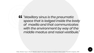 “
￮ “Maxillary sinus is the pneumatic
space that is lodged inside the body
of maxilla and that communicates
with the environment by way of the
middle meatus and nasal vestibule.”
6
Drake, Richard; Vogl, A. Wayne; Mitchell, Adam W. M. Gray's Anatomy for Students E-Book London: Churchill Livingstone, 2009
 