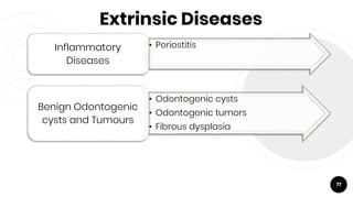 Extrinsic Diseases
77
• PeriostitisInflammatory
Diseases
• Odontogenic cysts
• Odontogenic tumors
• Fibrous dysplasia
Benign Odontogenic
cysts and Tumours
 
