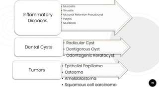 78
• Mucositis
• Sinusitis
• Mucosal Retention Pseudocyst
• Polyps
• Mucocele
Inflammatory
Diseases
• Radicular Cyst
• Dentigerous Cyst
• Odontogenic Keratocyst
Dental Cysts
• Epithelial Papilloma
• Osteoma
• Ameloblastoma
• Squamous cell carcinoma
Tumors
 